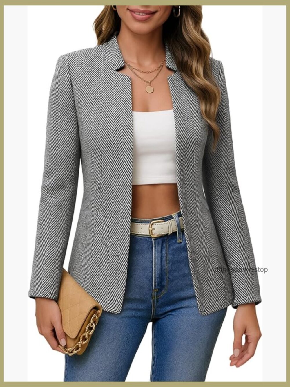 Herringbone Tweed Blazer Jacket Open Front Notch Collar Slim Fit